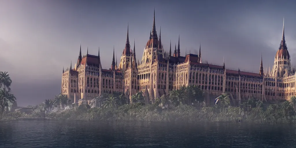 Image similar to matte painting of a hungarian parliament underwater-beach, palm trees behind, 4k, 8k, highly detailed, trending on ArtStation, CGSociety