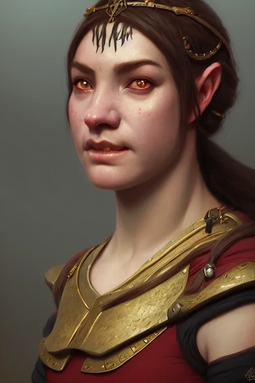 Image similar to a portrait of a female orc, bored, illustration, soft lighting, soft details, painting oil on canvas by Edmund Blair Leighton and Charlie Bowater octane render trending on artstation d&d characters, 4k, 8k, HD