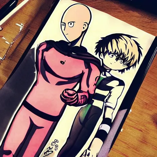 Image similar to instagram post of baker one punch man, baking french baguette, manga book anime style, pixiv