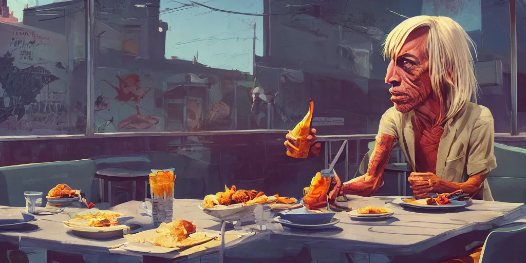 Image similar to cartoonish iggy pop having breakfast at the drive inn, vivid colors, character sheet, fine details, concept design, contrast, kim jung gi, greg rutkowski, trending on artstation, 8 k, full body, turnaround, front view, back view, ultra wide angle