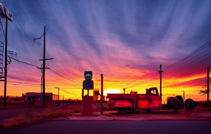 Image similar to a sunset light landscape with historical route 6 6, lots of sparkling details and sun ray ’ s, blinding backlight, smoke, volumetric lighting, colorful, octane, 3 5 mm, abandoned gas station, old rusty pickup - truck, beautiful epic colored reflections, very colorful heavenly, softlight