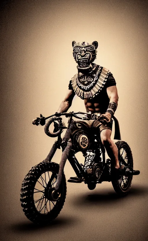 Image similar to old vintage full body photo of ancient aztec jaguar warrior with full beard riding vintage punk engine with one wheel, extreme sports photography ,super high speed photography, dynamic photography,symmetrical face, clean face, muscular body, high speed,dirt and grawel in air, lens flares, dust partiles in the air, dramatic lighting, intricate, highly detailed, centered, smooth, sharp focus, sports photography, old photo, black and white, sepia, cinematic lighting, cinematic angle, national geographic