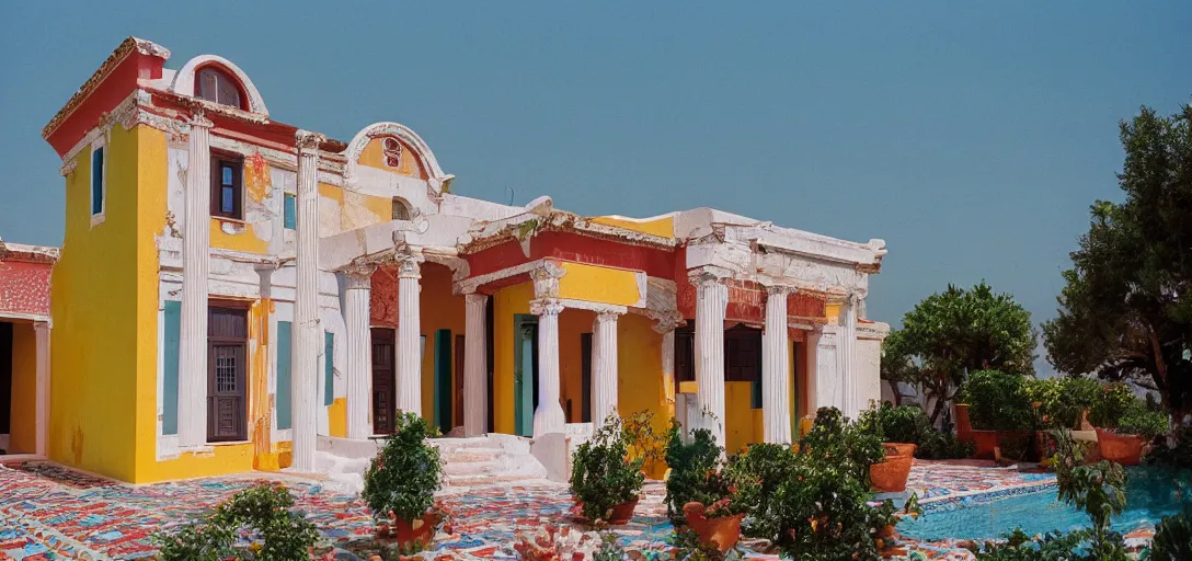 Image similar to large house in greece with multicolored portuguese tiles. photographed by wes anderson. fujinon premista 1 9 - 4 5 mm t 2. 9. portra 8 0 0.