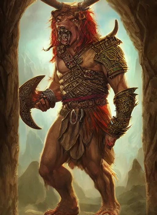 Image similar to minotaur dnd, ultra detailed fantasy, dndbeyond, bright, colourful, realistic, dnd character portrait, full body, pathfinder, pinterest, art by ralph horsley, dnd, rpg, lotr game design fanart by concept art, behance hd, artstation, deviantart, hdr render in unreal engine 5