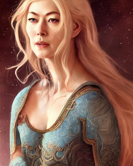 Prompt: rosamund pike as aes sedai moraine damodred, fantasy art, in the style of artgerm, illustration, epic, fantasy, intricate, hyper detailed, artstation, concept art, smooth, sharp focus, ray tracing, vibrant, photorealistic, simon bisley