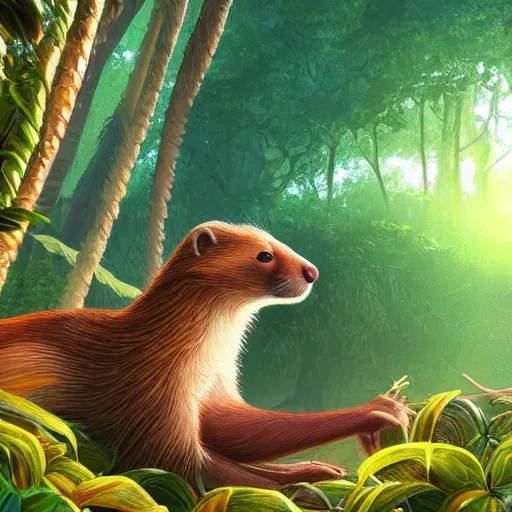 Image similar to a weasel in a jungle!, mist, tropical trees, vines, birds, sunset!, fluffy clouds, warm colors, beautiful lighting, digital art, intricate details, trending on artstation