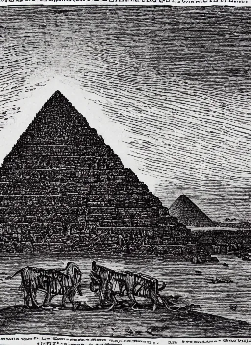 Image similar to nyarlatothep, the bloody tongue, pyramids in the background, in the style of gustav dore