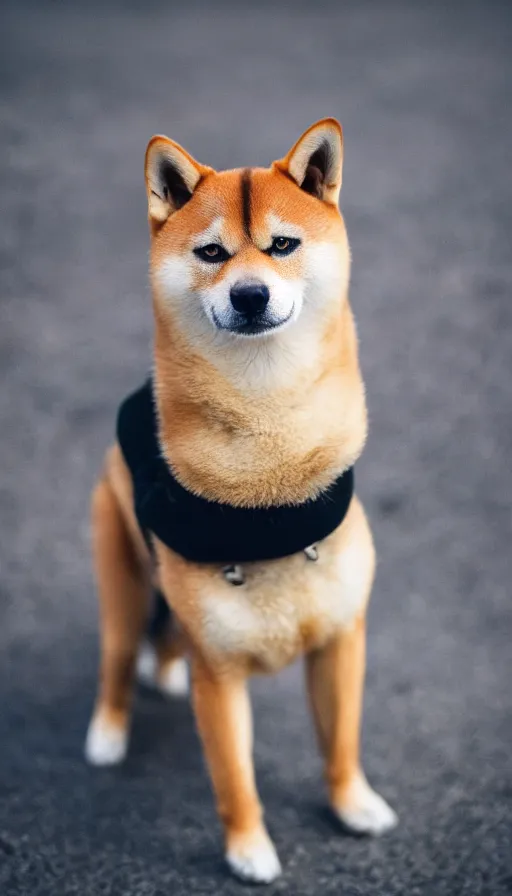 Image similar to a portrait shiba inu wearing a a black turtle neck and wearing a black barret, looking at the camera, bokeh, depth of feild, dslr photo