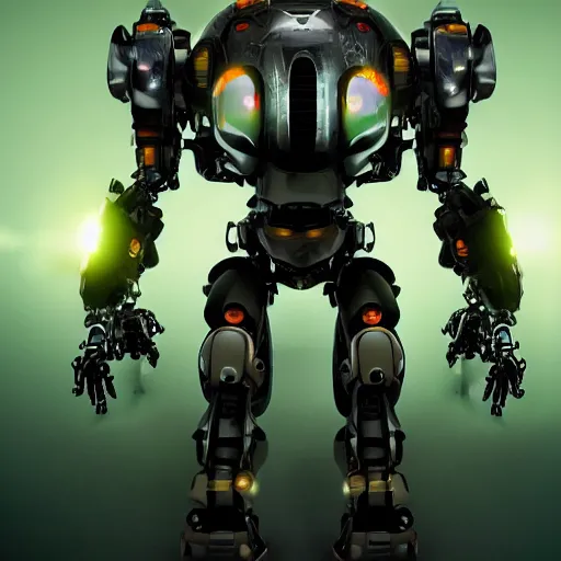 Image similar to a _ full _ body _ shot _ of _ an _ imposing _ cyborg mecha gorrila modeled _ after _ a _ futuristic solar punk technology mecha suit _ with _ glowing _ eyes _ with _ glowing _ eyes _ looking _ into _ the _ camera _ android _ cyborgglowin - h _ 6 4 0