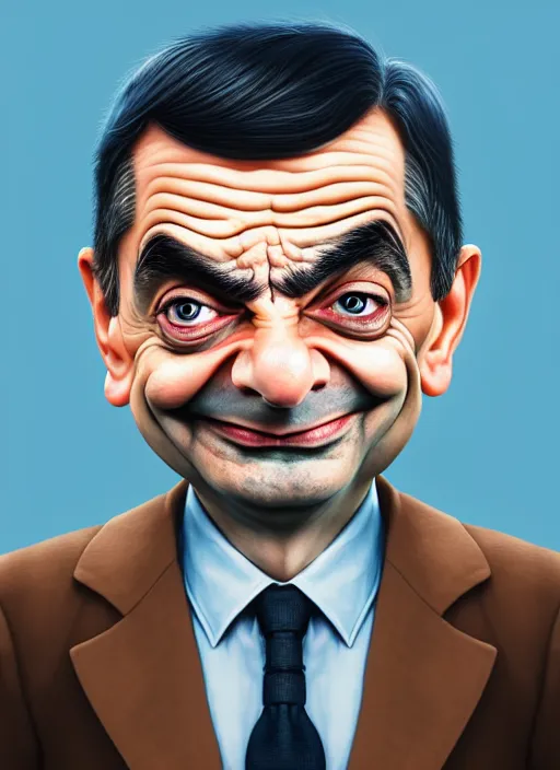 Prompt: highly detailed caricature portrait of mr bean by ross tran, by anato finnstark, brush strokes, 4 k resolution, light blue pastel background