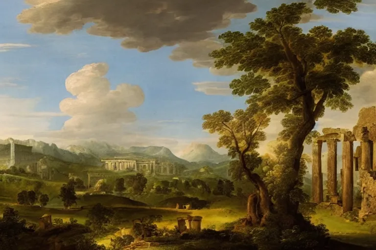 Prompt: beautiful arcadian landscape of a forested valley, ancient ruins in the distance by giovanni paolo pannini