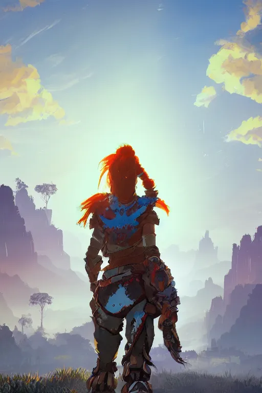 Image similar to combination suit armor aloy horizon forbidden west horizon zero dawn radiating a glowing aura global illumination ray tracing hdr fanart arstation by ian pesty and alena aenami artworks in 4 k tribal robot ninja mask helmet backpack