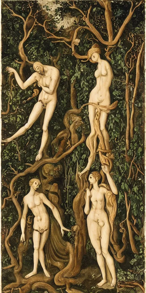 Prompt: a kenophobia depicting adam and eve in the garden of eden,