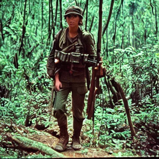 Prompt: film still, portrait, emma watson soldier hiking through dense vietnam jungle, award winning, award winning, award winning, film still from apocalypse now ( 1 9 7 9 ), 2 6 mm, kodak ektachrome, blue tint ektachrome film,