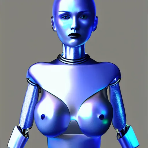 Prompt: womanized humanoid robot made of steel, beautiful face!!, short blue hair!!!, big breasts!, anatomically correct, futuristic, glowing details!, symmetrical!, unreal engine 5, ray tracing, natural shaders, rim light, 8 k, uhd, ultrarealistic, clear, sharp, highly detailed