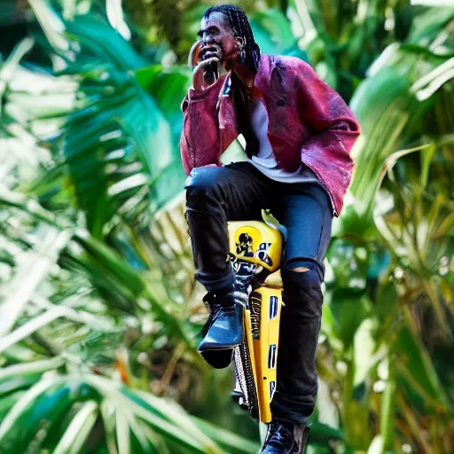 Image similar to travis scott riding a banana, realistic, sharp focus, ultra high details, 8 k, hd, sharp, detailed face