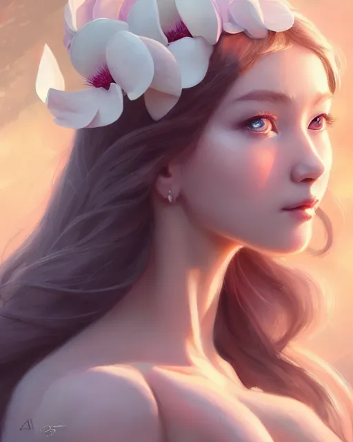 Image similar to character concept art of a goddess of magnolias as angelic young female | | seductive - fine - face, pretty face, key visual, realistic shaded perfect face, fine details by stanley artgerm lau, wlop, rossdraws, james jean, andrei riabovitchev, marc simonetti, and sakimichan, trending on artstation