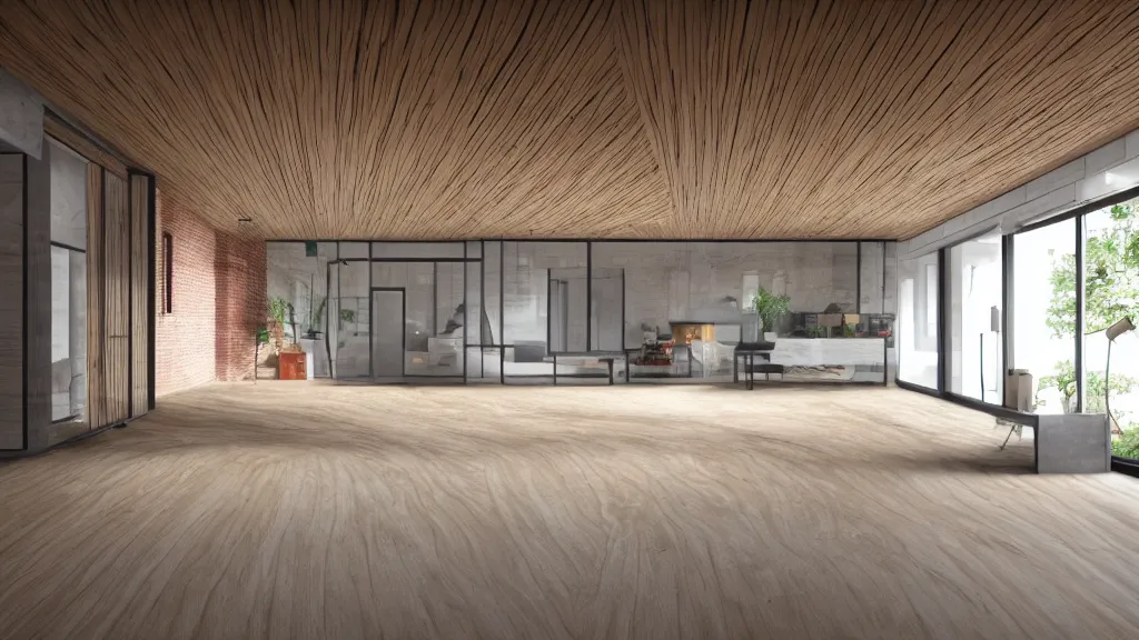 Prompt: hyper realistic one point perspective of living room, wood, concret, brick