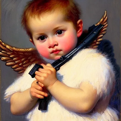 Image similar to full body portrait of a baby cupid with angel wings wearing balaclava mask, holding a gun, emile munier 1 8 9 5, french, cupid, boy, angel, painting, global illumination, radiant light, detailed and intricate environment h 6 4 0