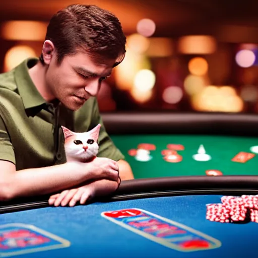 Image similar to man holding a toy cat and a spoon, sitting at a blackjack table, casino, las vegas, 8 k, highly detailed, photo realistic, unreal engine