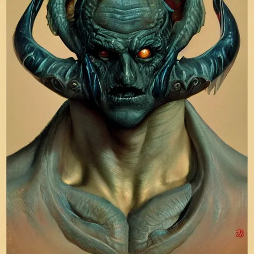 Image similar to upper body portrait of a demonic man with fish eyes, by norman rockwell and boris vallejo, artstation, concept creature character art