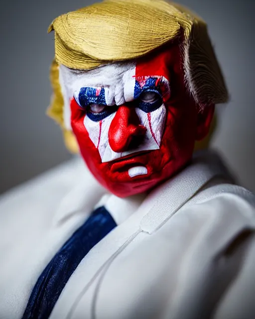 Image similar to a creepy paper mache doll of a scary clown donald trump, realistic, very detailed, complex, intricate, studio lighting, bokeh, sigma 5 0 mm f 1. 4