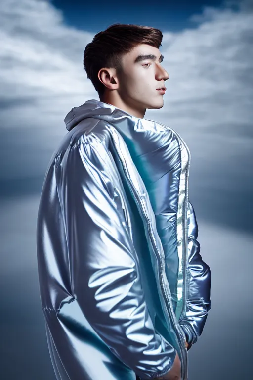 Image similar to un ultra high definition studio quality photographic art portrait of a young man standing on the rooftop of a british apartment building wearing soft baggy inflatable padded silver iridescent pearlescent clothing. three point light. extremely detailed. golden ratio, ray tracing, volumetric light, shallow depth of field. set dressed.