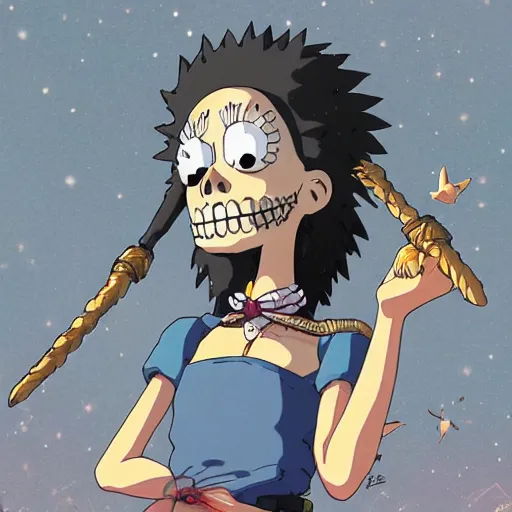 Image similar to manga fine details portrait of joyful skull girl, floeers in hair, marge simpson, skeleton. anime masterpiece by studio ghibli. 8 k render, sharp high quality anime illustration in style of ghibli, artstation