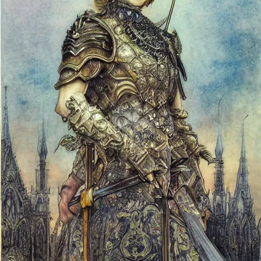 Prompt: a stunning portrait of an aristocratic warrior, by ayami kojima, daniel merriam, john bauer, brian froud, cathedral in the background, stage lighting
