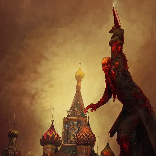 Image similar to zombie Putin in Red Square, fantasy, intricate, highly detailed, digital painting, artstation, concept art, smooth, sharp focus, illustration, art by artgerm and greg rutkowski and alphonse mucha