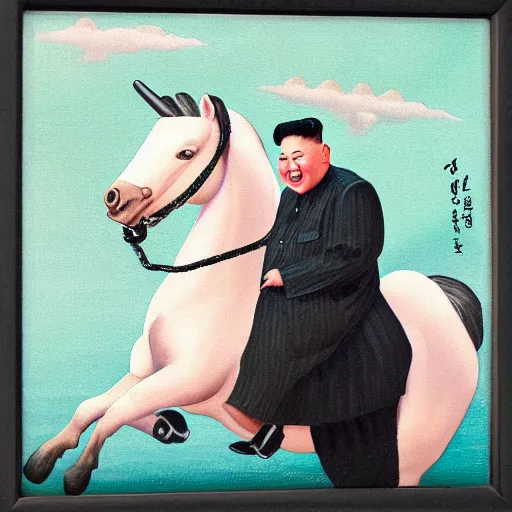 Prompt: “ north korean leader kim jong un riding a unicorn, 4 k, oil painting, on a black background ”