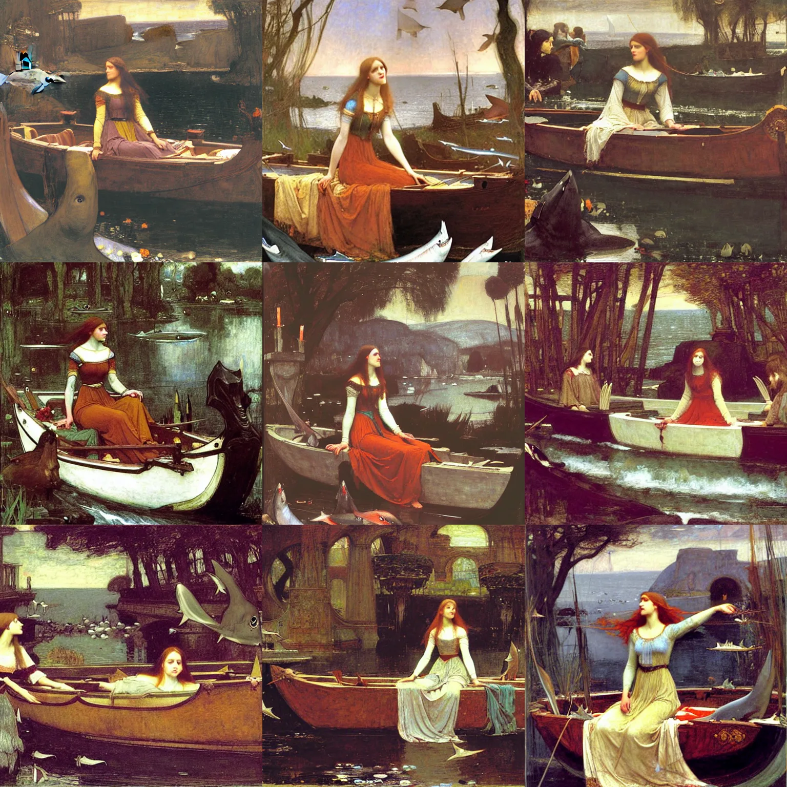 Prompt: lady of shalott surrounded by sharks, by william waterhouse