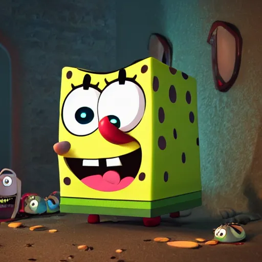 Image similar to ominous mrs puff (spongebob) staring into your soul with realistic, slimy, scary, ambient lighting, rendered in blender, horror, gloomy, dark, terrifying, terror, frightful, super detailed octane render,