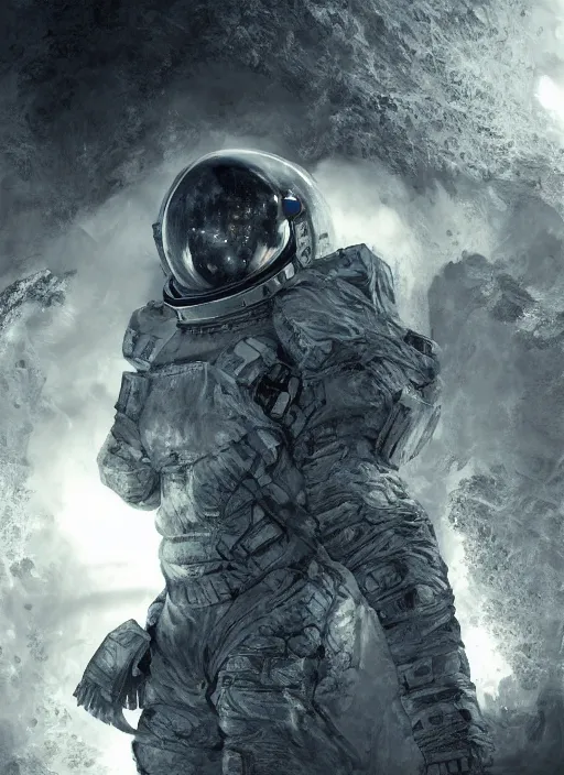 Image similar to infrared concept art by craig mullins astronaut in futuristic dark and empty spaceship underwater. complex and hyperdetailed technical suit. mandelbulb fractal. reflection and dispersion materials. rays and dispersion of light. volumetric light. 5 0 mm, f / 3 2. noise film photo. flash photography. octane render. interstellar movie art