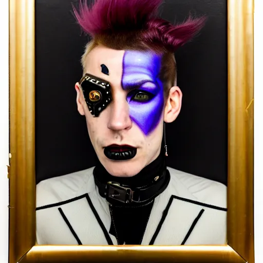 Image similar to an award finning and amazing portrait by akseli kallen gallela and john howe of a male cyberpunk punk rocker clothed in excessively fashionable 8 0 s haute couture fashion and wearing geometric face paint