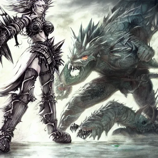 Prompt: concept art of a warrior woman battling a monster by Yoshitaka Amano