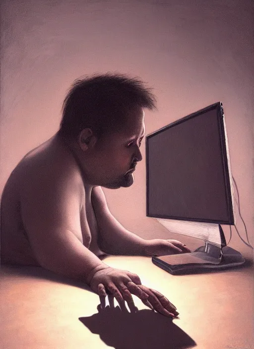 Image similar to insanely detailed chiaroscuro image of a exhausted - looking slightly fat casually - dressed programmer guy on his knees facing his glowing ultrawide computer monitor monitor begging it for forgiveness, oil on canvas, masterwork, fine detail, trending on artstation, emotive, insanely compelling, ryden, greg rutkowsky, moebius