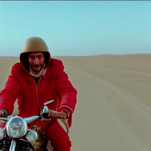 Image similar to a man in a red bomber jacket riding a moped through the desert, film still by Wes Anderson