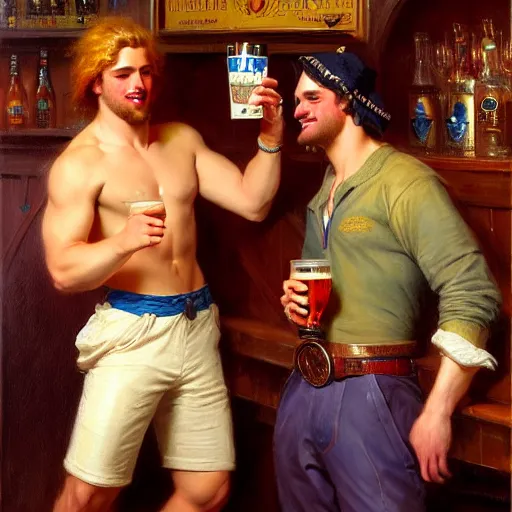 Prompt: attractive maculine male with brunet hair and attractive masculine male with blond hair. pants and shorts, drinking their hearts out, having fun, in a pub. highly detailed and very defined painting by gaston bussiere, j. c. leyendecker, craig mullins 8 k