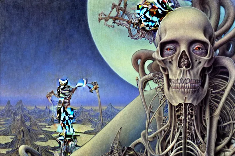 Image similar to realistic extremely detailed portrait closeup painting of an old man with a skeleton, futuristic sci-fi landscape on background by Jean Delville, Amano, Yves Tanguy, Alphonse Mucha, Ernst Haeckel, Edward Robert Hughes, Roger Dean, rich moody colours, silver hair and beard, blue eyes