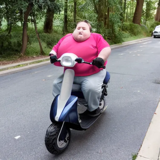 Image similar to morbidly obese american with severe diabetes riding on a scooter