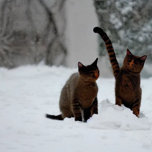 Prompt: 2 cats playing in the snow next to fire