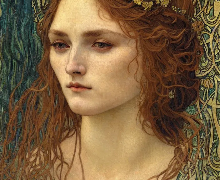 Image similar to detailed realistic beautiful young medieval queen face portrait by jean delville, alphonse mucha, vincent van gogh, and marco mazzoni, art nouveau, symbolist, visionary, gothic, pre - raphaelite