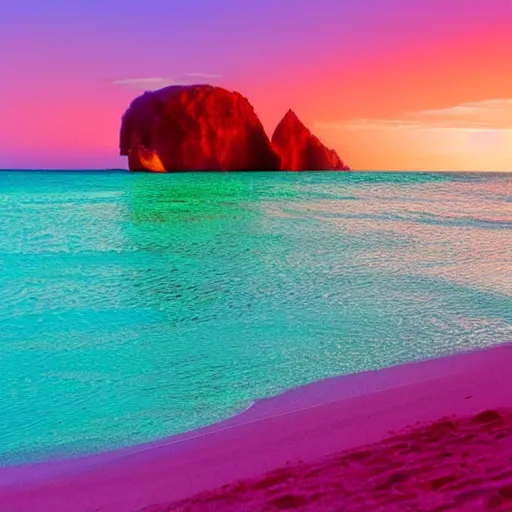 Image similar to purple refrigerator, red sand beach, green ocean, nebula sunset