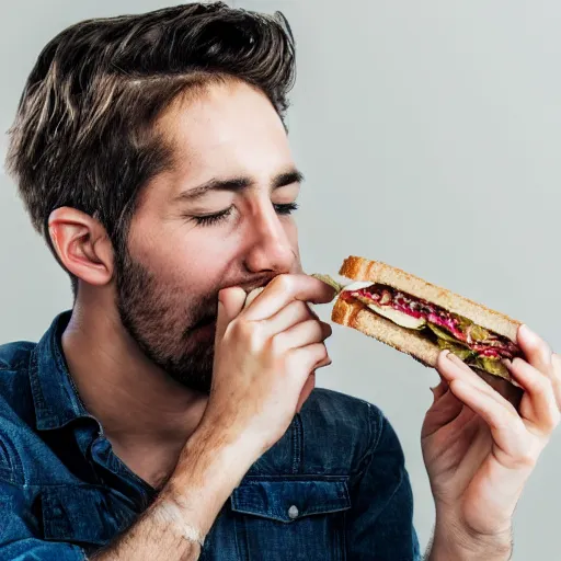 Image similar to a man eating the last sandwhich while looking sad, realistic photo,