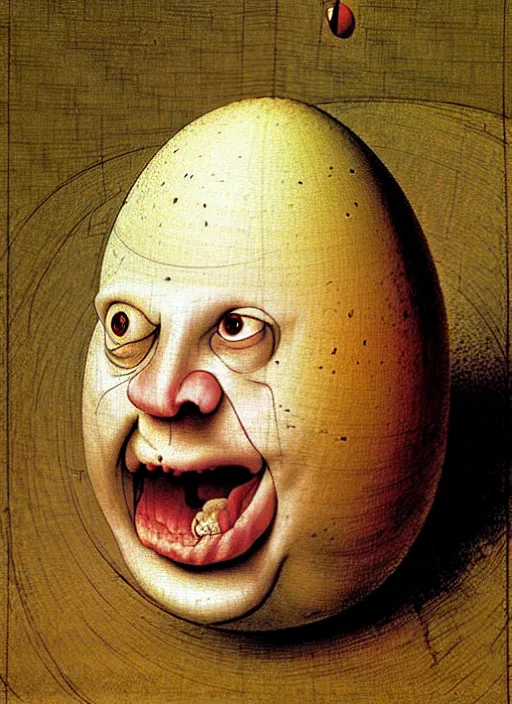 Prompt: portrait of an egg with humpty dumpty silly facial expressions, realistic, by hieronymus bosch, pieter brueghel, greg rutkowski