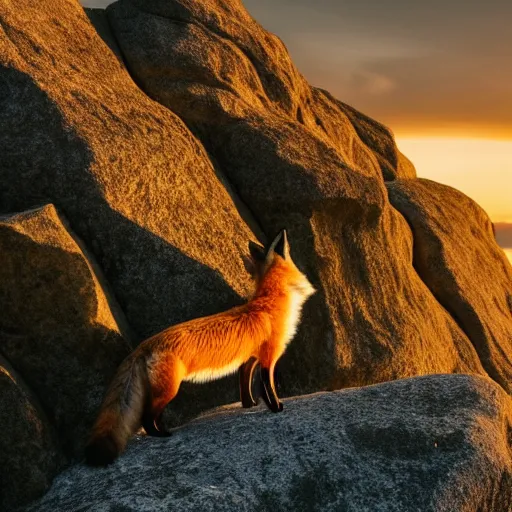 Prompt: a fox standing at the edge of a rock cliff made of granite, golden hour, dslr photo