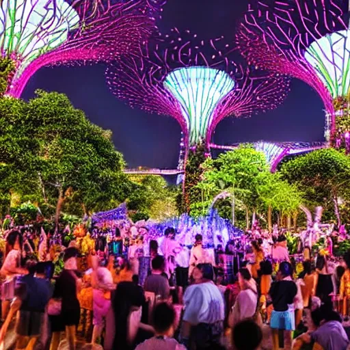 Prompt: large group of people partying at garden by the bay in Singapore, photorealistic, ultra-detailed, high resolution