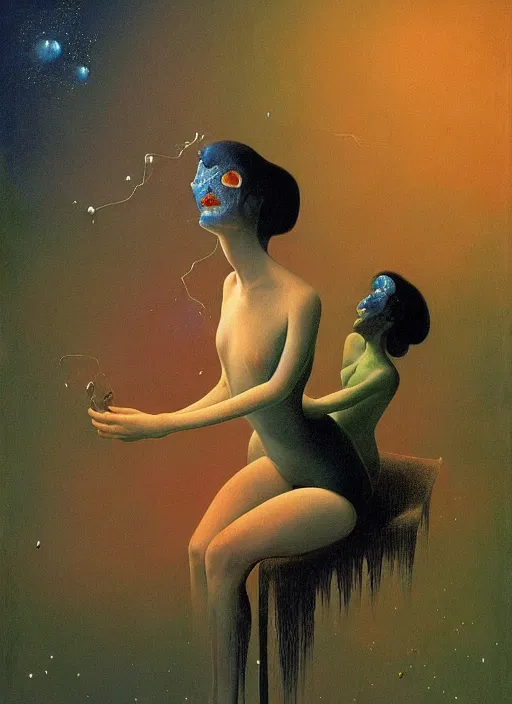 Prompt: She Eats Joyfully of the Suffocating Azure Fruit and Her spiderlike gossamer glistening polyp blossoms bring iridescent fungal flowers whose spores black the foolish glaring stars Edward Hopper and James Gilleard, Zdzislaw Beksinski, Mark Ryden, Wolfgang Lettl highly detailed