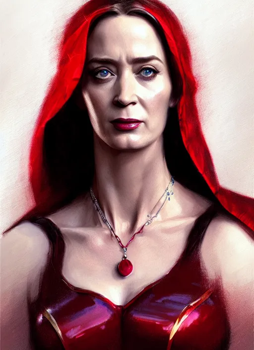 Image similar to portrait of emily blunt as scarlet witch, jewelry, greek, ruby, victorian age, 1 8 9 0, intricate, headshot, key visual, conceptart, ambient lighting, highly detailed, digital painting, artstation, concept art, sharp focus, by makoto shinkai and akihiko yoshida and greg manchess